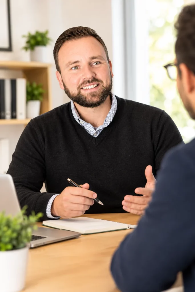 Jeremy Dupet en rendez-vous de conseil avec un client au bureau